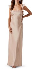 ASTR the Label Square Neck Satin Long Dress Champagne Ruffle Straps Tie Back XS