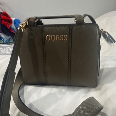 GUESS Gray Satchel Top Handle Crossbody Bag Zip Closure Gold Hardware Logo
