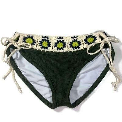 Knitty Kitty Small Crochet Knit Bikini Bottom Olive Green Boho Beach Side Tie