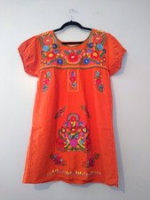 YZXDORWJ Mini Dress/Tunic S Embroidered Orange Puff Sleeve Mexican Artsy Boho