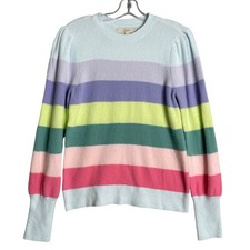 Loft Sweater Womens M Pastel Rainbow Striped Puff Sleeve Plush Soft Cozy Preppy