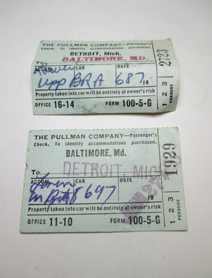 Vtg 1953 The Pullman Company Passenger Check Train Tickers Detroit Baltimore