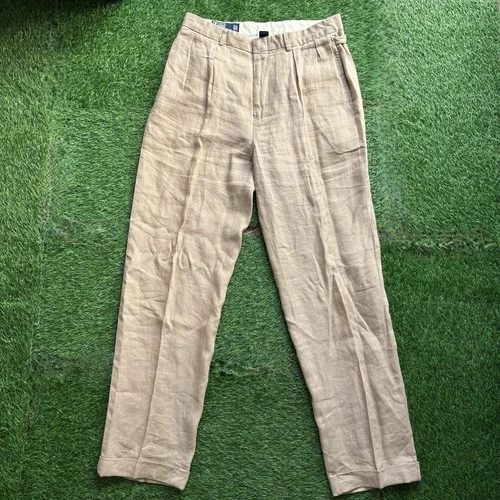 VTG 90s Polo Ralph Lauren 100% Linen Dress Pants Pleated Cuffed Mens 33x32 Beige video thumbnail