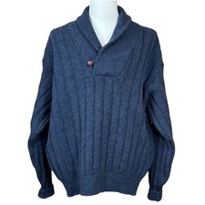 Lands' End Men's Blue Wool Cable Knit Shawl Collar Fisherman Sweater Size XL