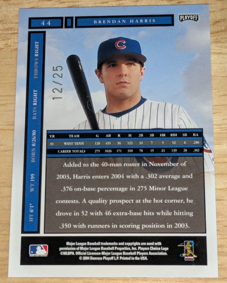 Brendan Harris Chicago Cubs 2004 Playoff Honors CREDITS GOLD #'ed /25 - Image 2 of 3