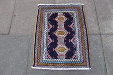 Vintage Hand Made Traditional Oriental Wool Blue Small Rug 89x65cm