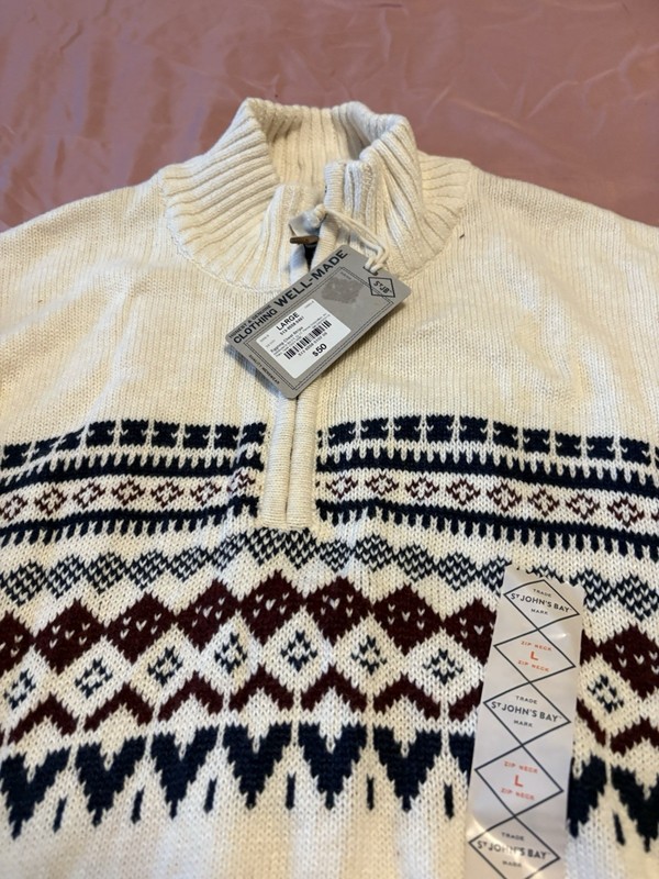 Men’s St John’s Bay Sweater Eggnog Chest Stripe Sz Large NWT