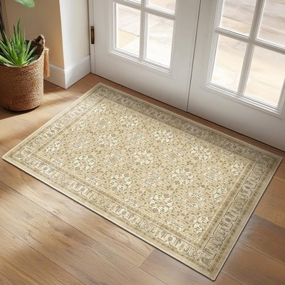 Warm Bei Small Rug, Boho Floral Moroccan Printed Door Rugs for Entryway