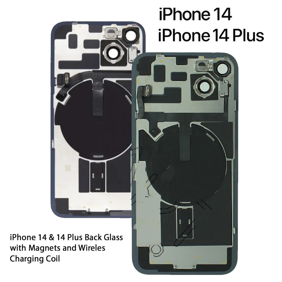 TECH REPAIR LAB iPhone 14, 14 Plus Backglas mit Mag-Safe Magneten, Kabelloser Ladespule & Blitz
