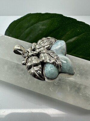 Larimar Dominikanische Republik Weinrebenblatt 925 Sterling Silber Anhänger #1073
