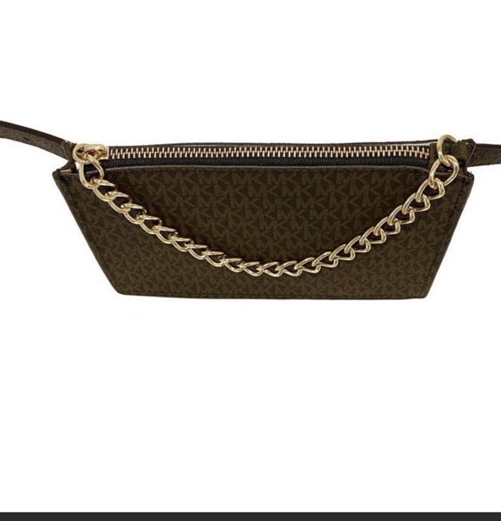 Michael Kors Dark Brown MK Monogram Belt Pouch with Gold Plate Authentic Michael Kors Travel Monogram Brown Belt Bag with  main image 4