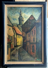 Oil Painting Signed Epee Old Town Church Gasse Wohl South German Antique Road Ö