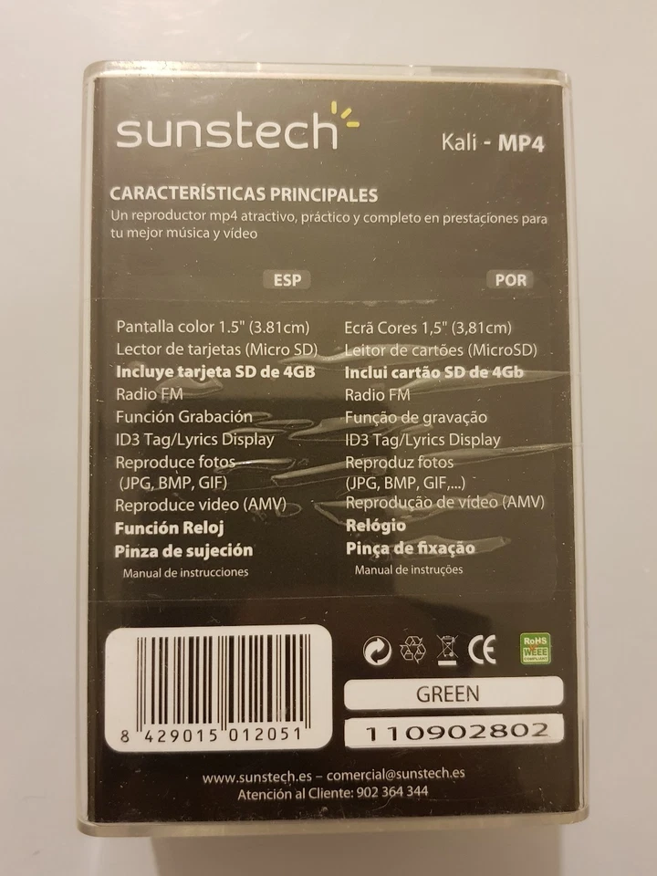Sunstech Kali-Mp4 reproductor con tarjeta de 4GB color verde NUEVO - Imagen 2 de 2