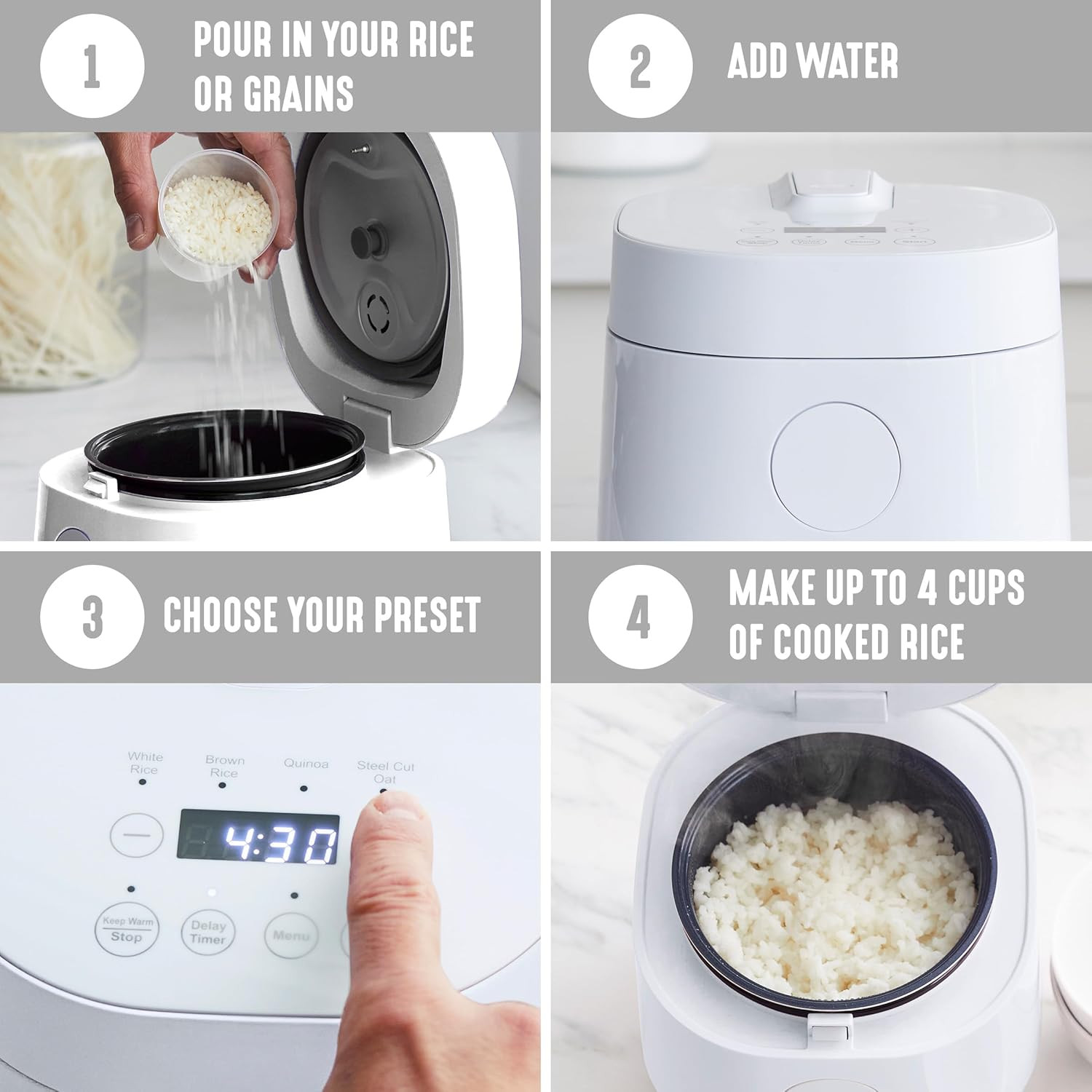 Compact Digital Rice Cooker, 2-Cup Uncooked, One-Touch Presets, Nonstick Pot