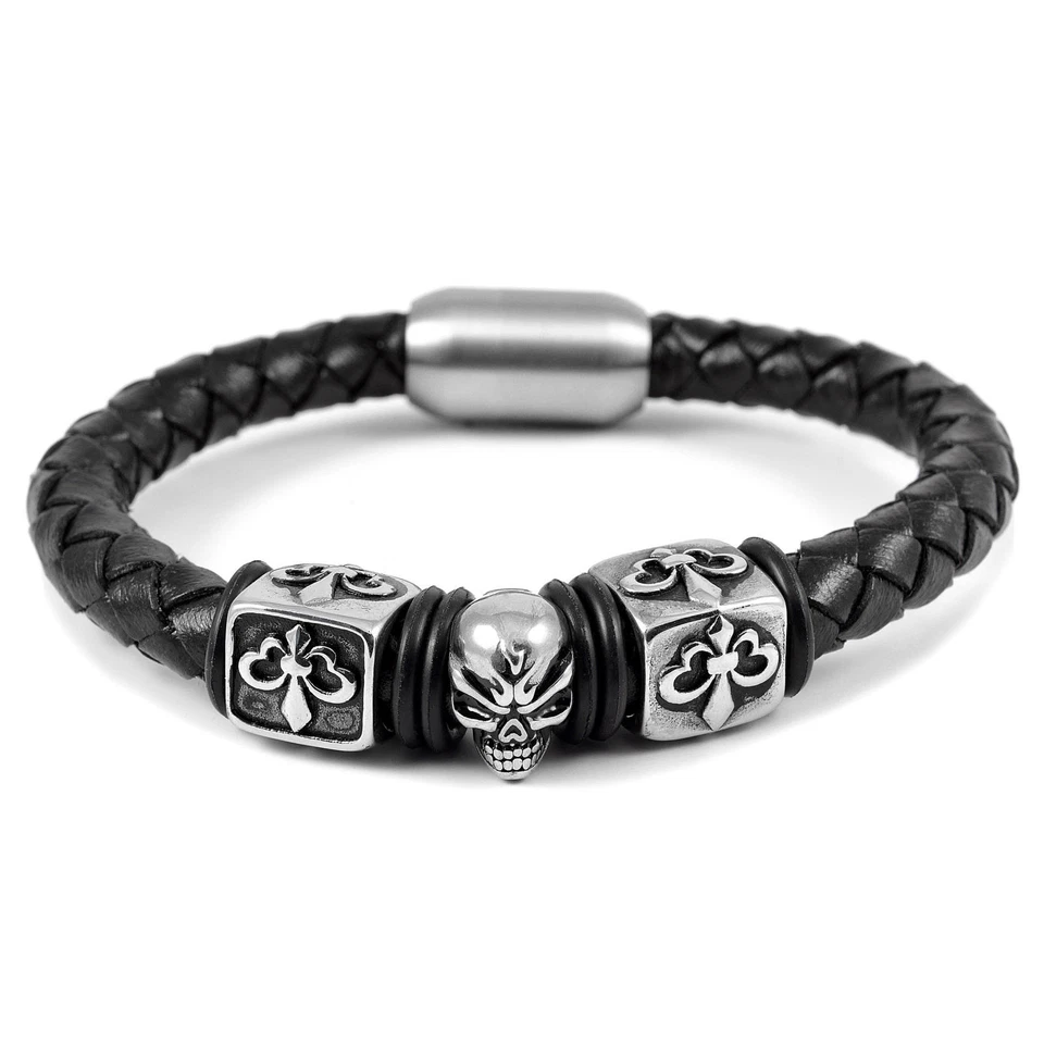 BRACELET HOMME CUIR ET FERMOIR ACIER CRANE TETE DE MORT CUBES FLEUR DE LYS 0157 - Photo 1/1