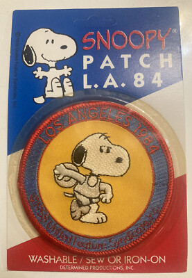 Snoopy Peanuts Discus Throw Iron Sew On Patch Los Angeles Olympics NEW Vtg 1984