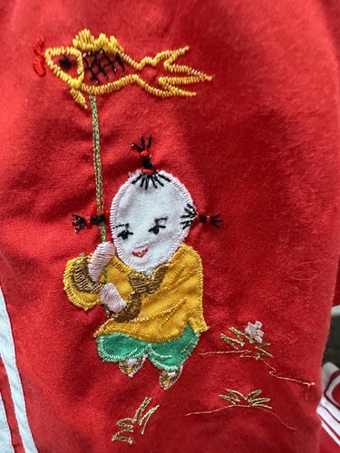 vtg oriental red pajama top with embroidery 6 - Picture 4 of 6