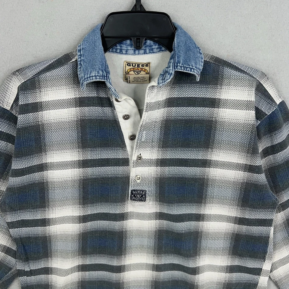 Vintage Guess Pullover Shirt Youth Small Plaid Denim Collar Western Cabin 90s - Image 2 of 4
