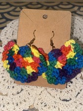 Rainbow Crochet Flower Dangle Earrings Hand Assembled Boho Festival Style
