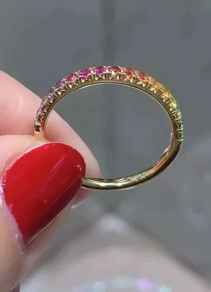 14k Yellow Gold Plated 1Ct Round Cut Lab-Created Sapphire Rainbow Eternity Ring - Image 2 of 4