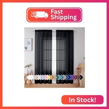 Simplebrand Black Sheer Curtains 90 Inches Long, Light Filtering Rod Pocket Soli