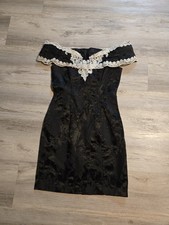 Vintage 90s Steppin  Out Sz 7 Black Velvet Dress with White Lace