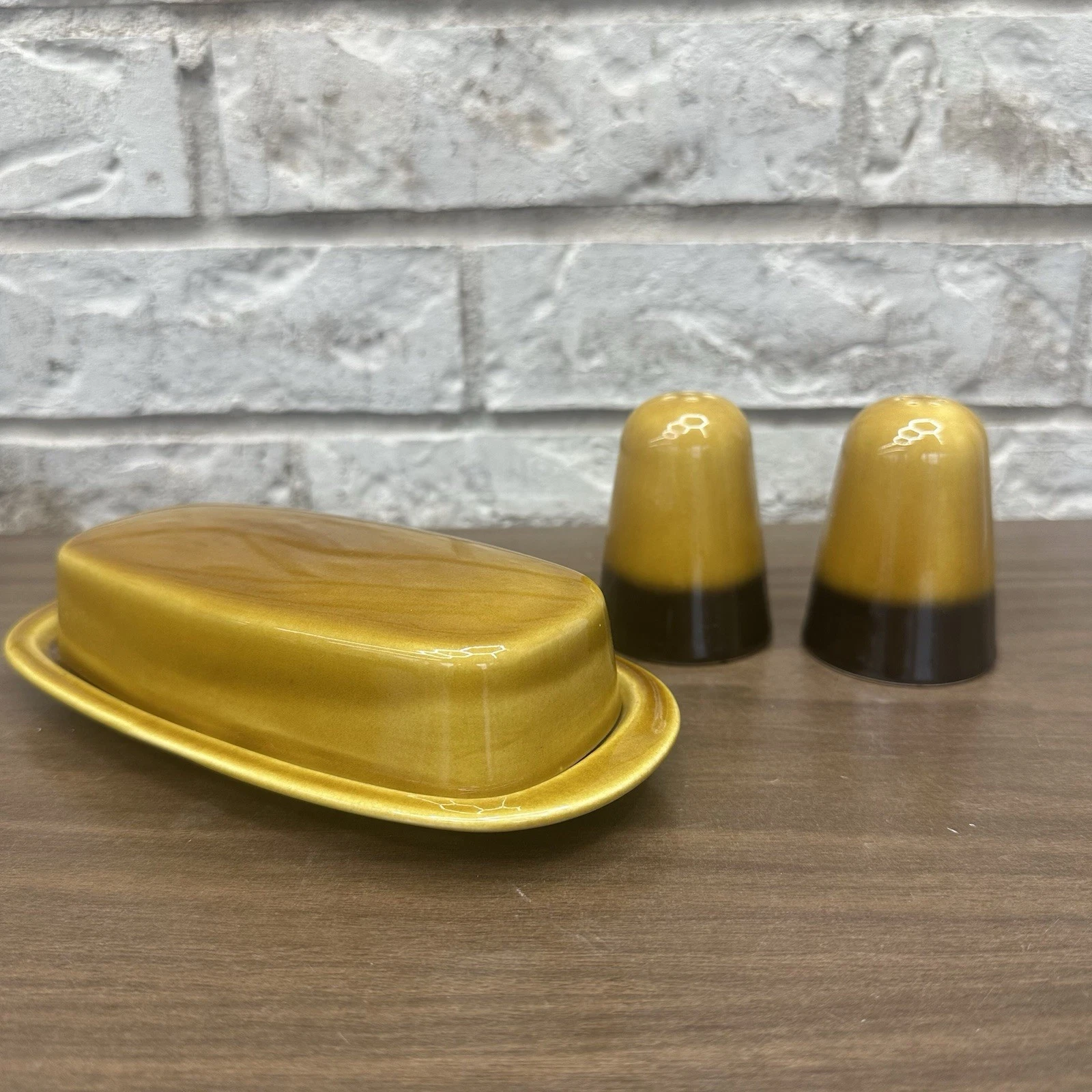 Set Vintage Ceramic Butter Dish & Salt / Pepper MCM Retro 70s Gold Brown Glazed