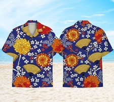 Vintage Japanese Pattern Hawaiian Shirt Retro Aloha Button Down Men Summer Beach
