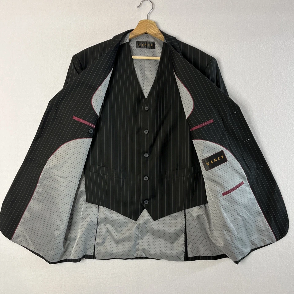 Vinci Men’s black Chalk Stripe 3 Piece Suit 40R 34x31 Pants Designed In Italy - Image 2 of 4