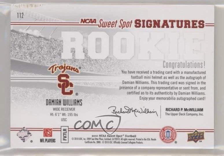 2010 NCAA Sweet Spot Signatures Variations /200 Damian Williams Rookie Auto RC - Image 2 of 2