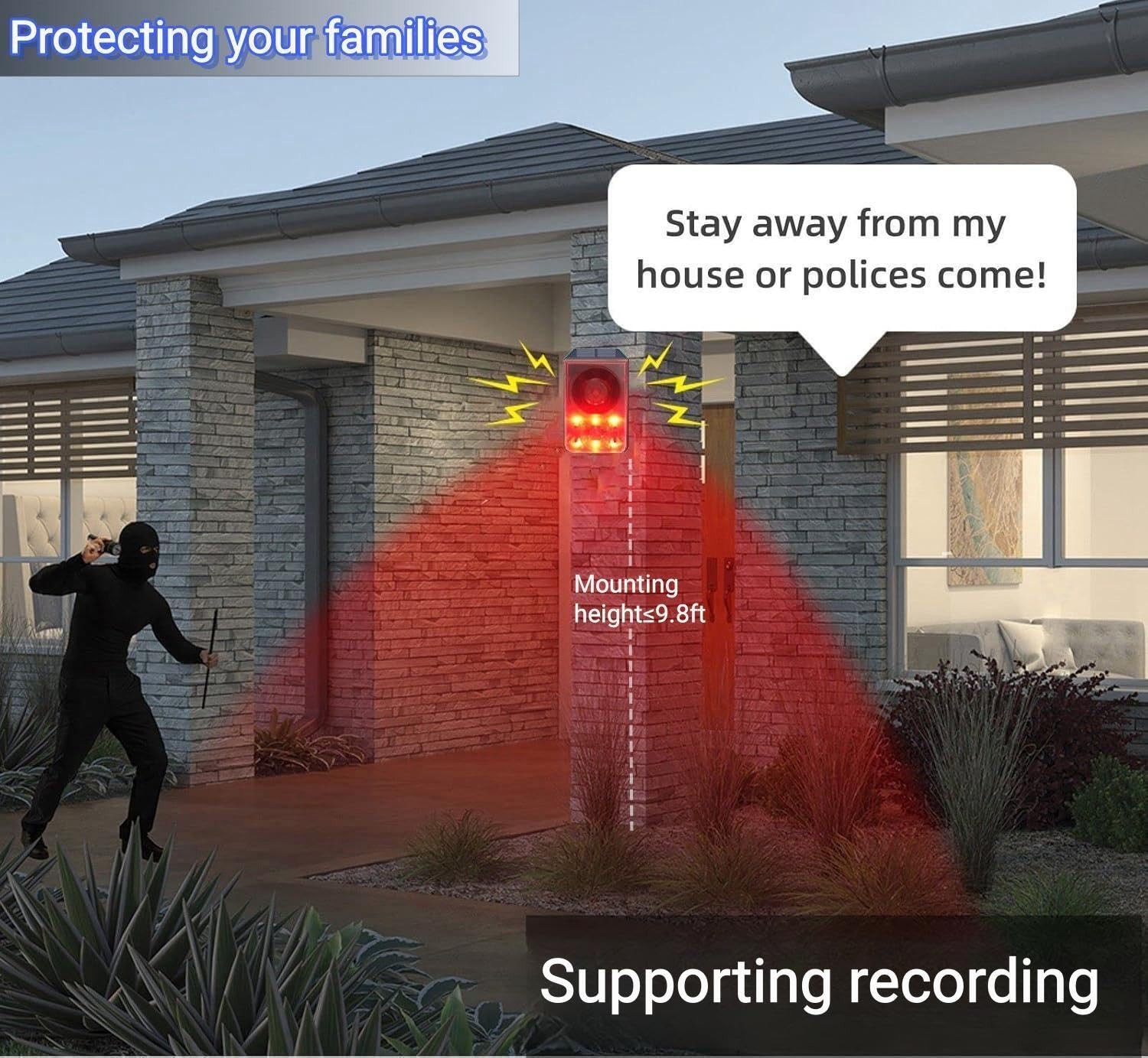 HULPPRE Solar Outdoor Motion Sensor Alarm-Dog Barking&Gunshot Sound,Support Reco