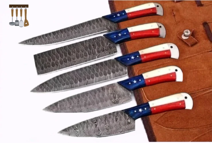 Damascus Steel Hammered Chef Knife Set 5 Piece with Leather Roll Bag Case
Opens in a new window or t