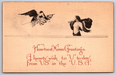 Patriotic Christmas~Eagle w/Flag Flies To Lady Columbia~US In The USA~Gibson Art