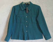 Adrienne Vittadini Women's Large Teal Blue Textured Blouse Button Up Long Sleeve