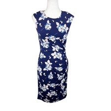 Eliza J Dress Women 2 Blue White Floral Cap Sleeve Fit Flare Stretch Casual