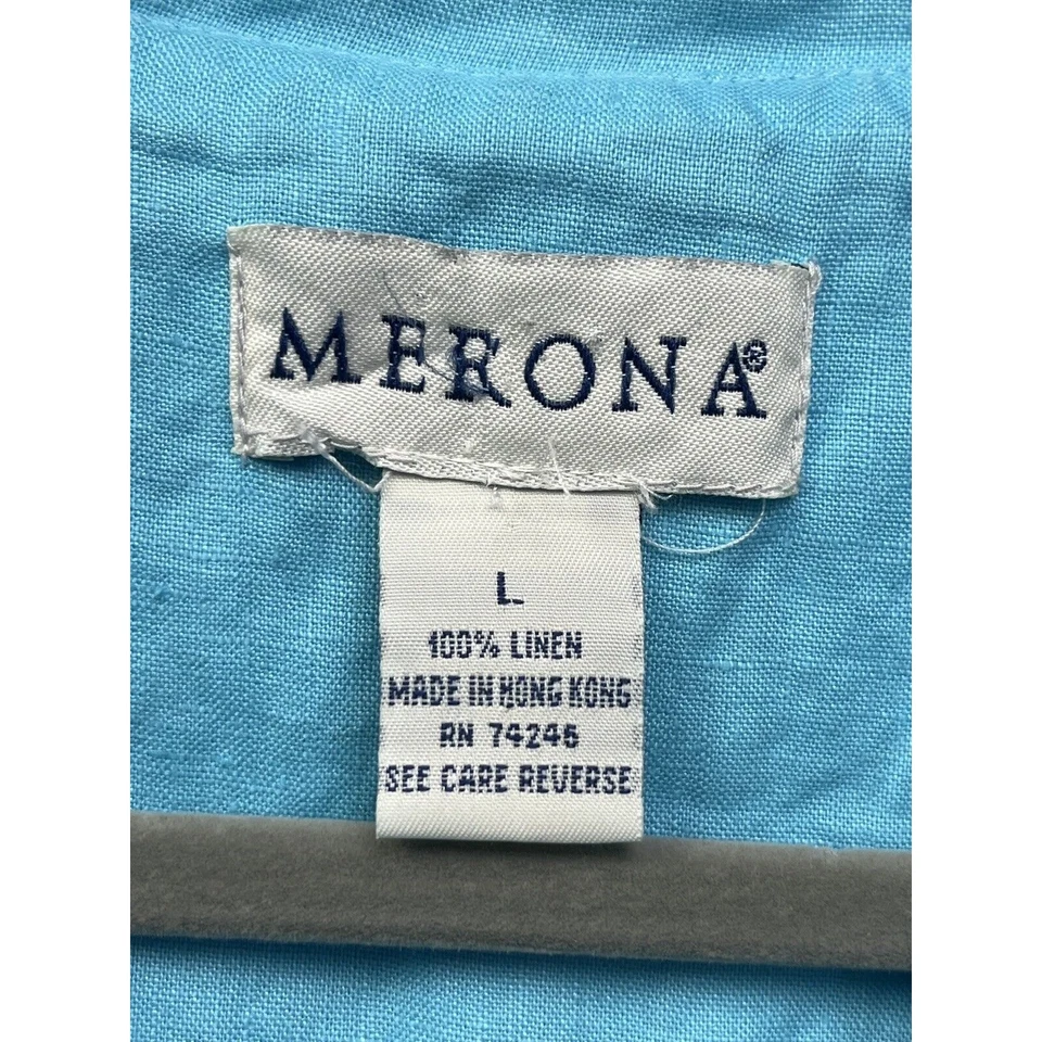 Merona 连衣裙女式 12 亚麻纽扣前迷笛内衬连衣裙无袖蓝色 — 第 4/4 张图片