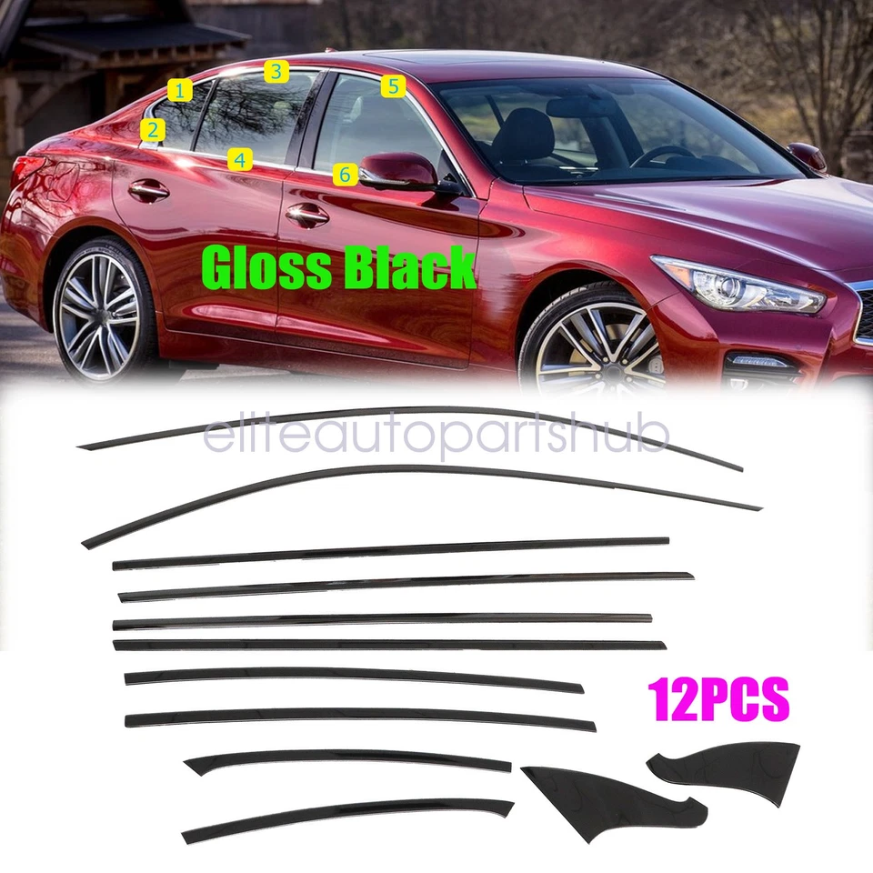 Kit de molduras de tira de ventana de coche de acero negro brillante 12x para Infiniti Q50 2014-23 Foto 3 de 4