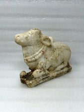 Ancient Heavy Marble Stone Hand Carved Holy Sitting Bull Nandi Sculpture