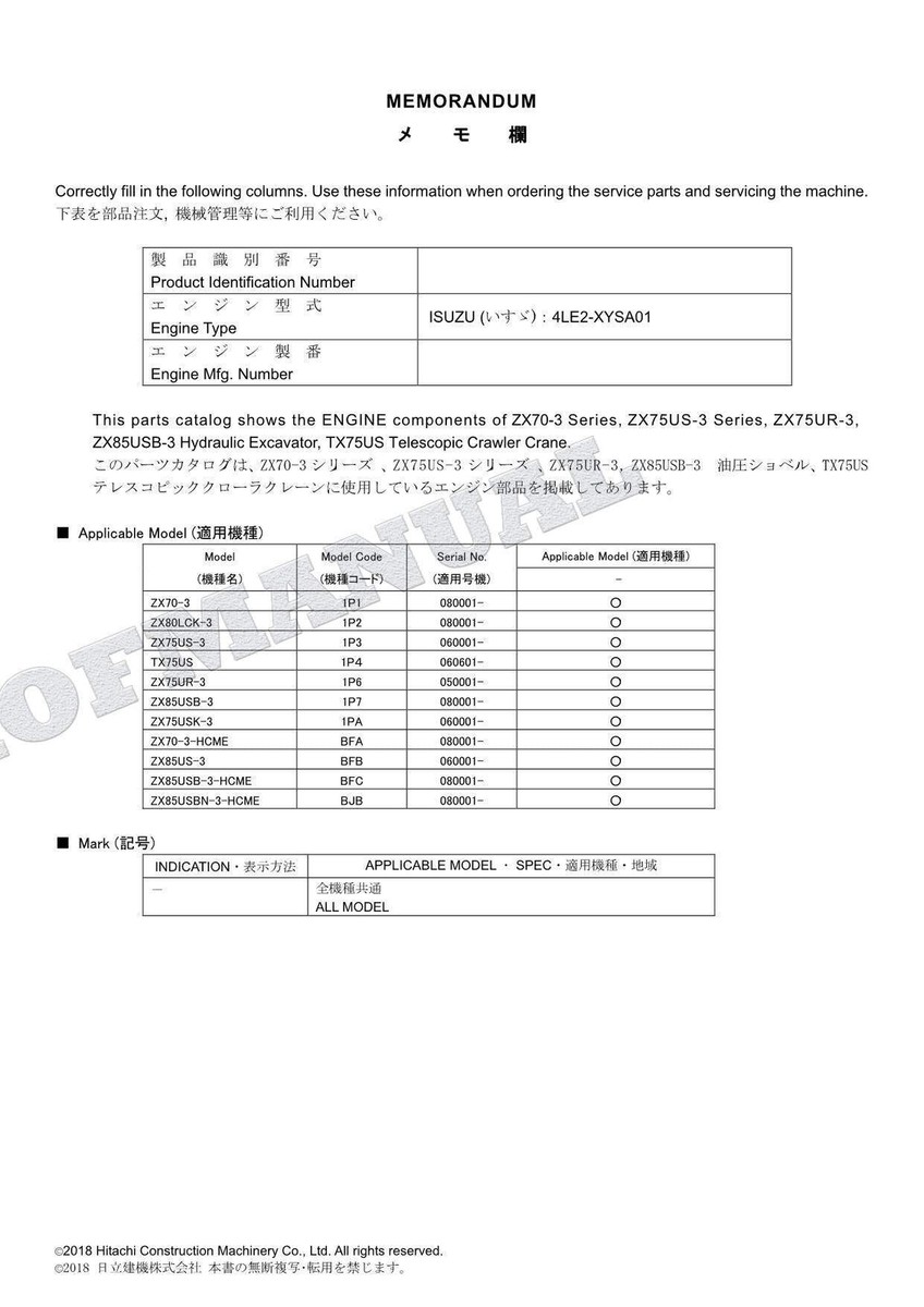 HITACHI ZX70-3 ZX75US-3 ZX75UR-3 Excavator ISUZU Engine Parts