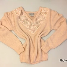 Vintage 80s Angora Blend Sweater Deep V Lace Grannycore Grandma Coquette (T6)