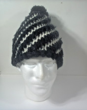 Beanie Knit Winter Stocking Cap Hat Black w/ White Stripes Fuzzy Ball WARM 