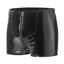 Men Shiny Faux Leather Underwear Open-crotch Shorts Zip Sexy Gay Bar Club Punk