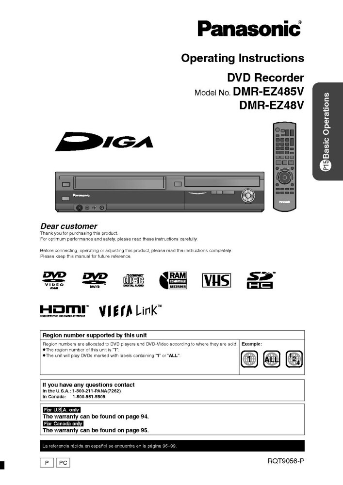 Panasonic DMR-EZ48V DMR-EX485V DVD Recorder Owners