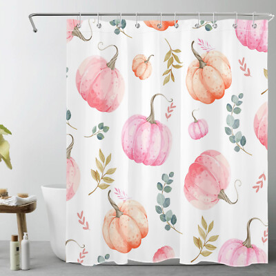 Green Leaf Yellow Pumpkin Pink Fall Shower Curtain Bathroom Accessories Set