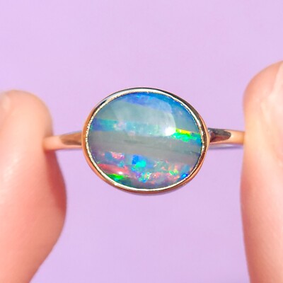 14K Gold and Silver Two-Tone Australian Opal Ring, Size 8, Seashell Fossil Opal