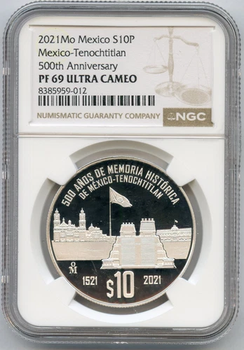 2021 Mexico Tenochtitlan 500th Anniversary 10 Pesos Silver NGC PF69 Coin - JR103