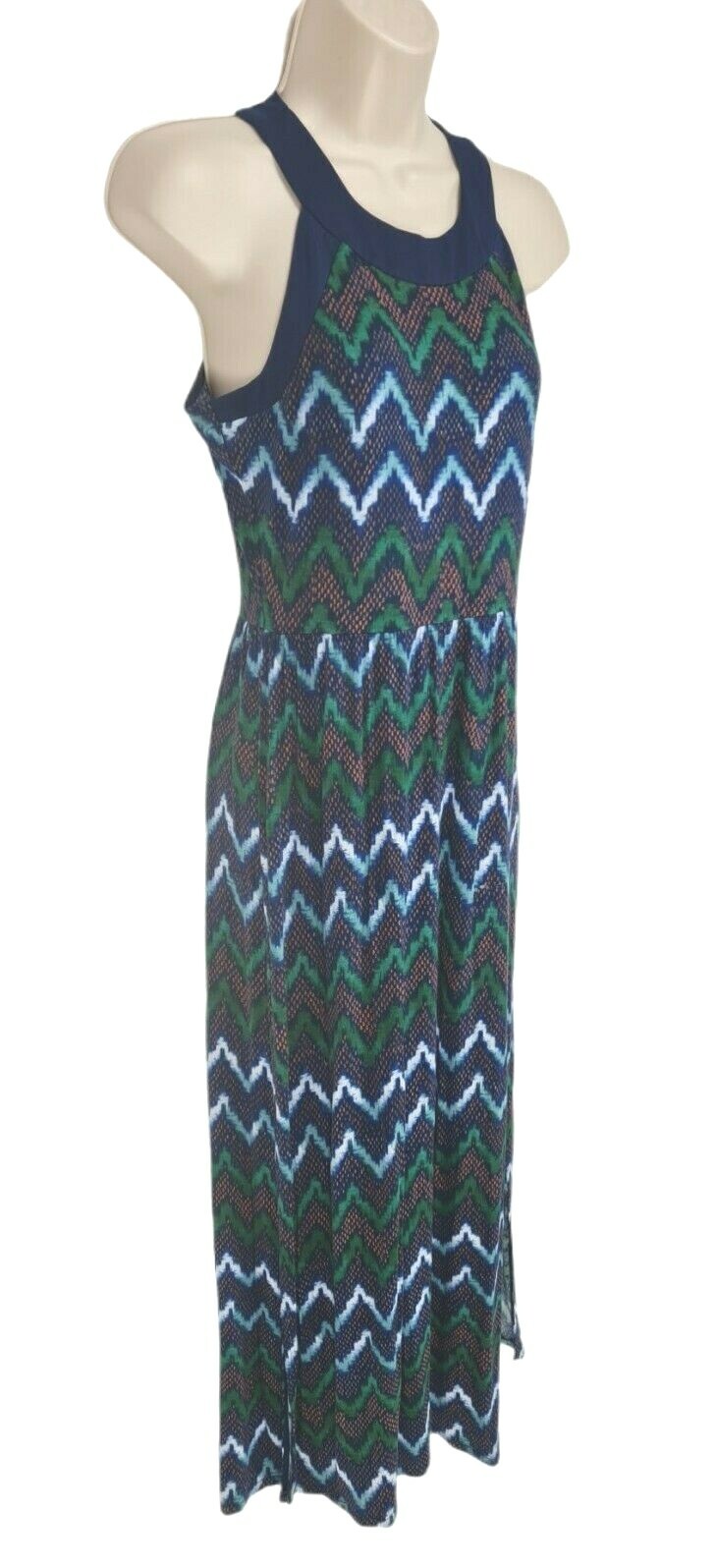 Ana Blue Zigzag Print Sleeveless Crew Neck Fit and Flare Maxi Dress Size S