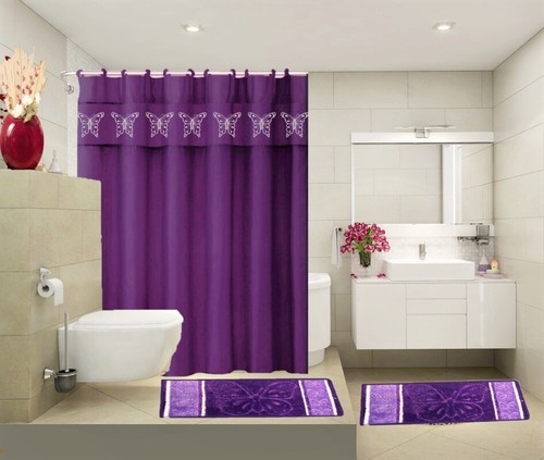 COMPLETE BATHROOM SET 2 BATH MATS 1 SHOWER CURTAIN &FABRIC HOOKS PRINTED DESIGNS - 第 8/26 張圖片