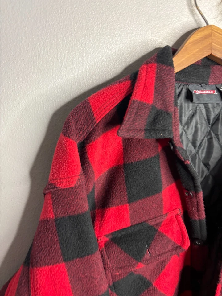Dickies Flannel Shirt Jacket Mens XL Quilted Lined Hooded Plaid Red Black 6425 - Image 2 of 4