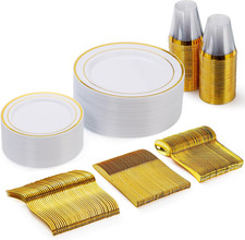150 Pieces Gold Disposable Plates for 25 Guests, Plastic Party, Wedding, Dinnerw